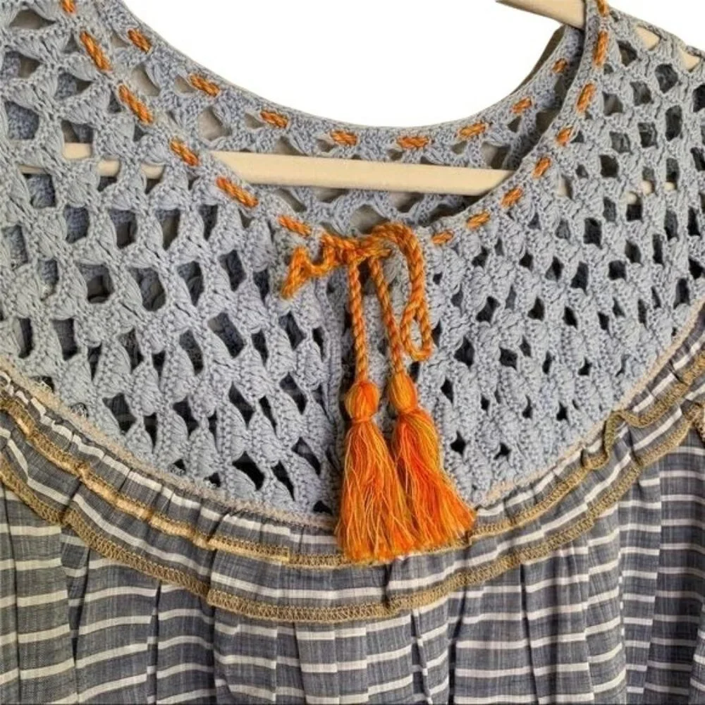 Free People Allora Blouse Size Small Crochet Neckline Striped Blue Orange New